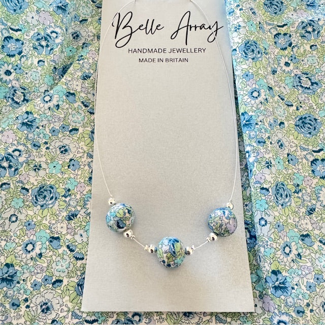 Necklace handmade with liberty amelie fabric mint green blue turquoise silver jewellery gift
