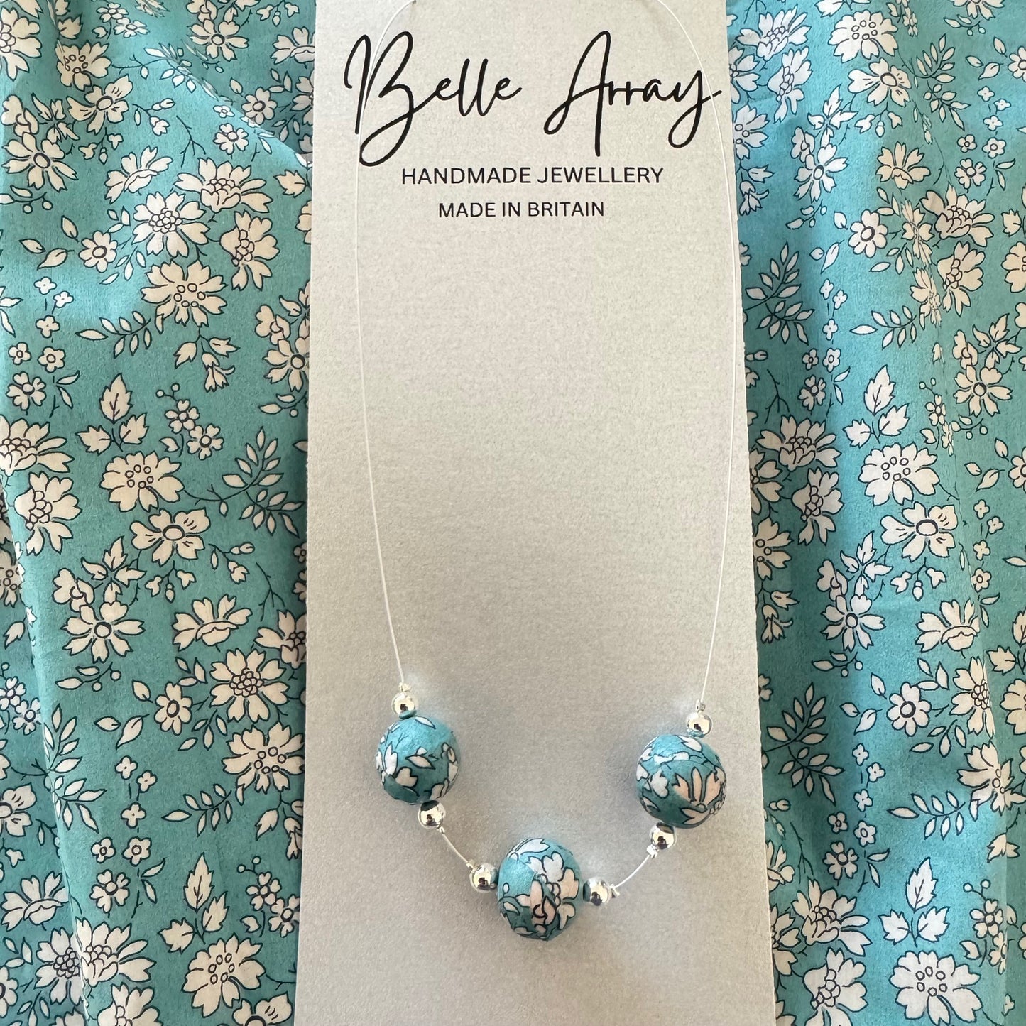 Necklace made from liberty capel fabric mint turquoise silver jewellery luxury gift