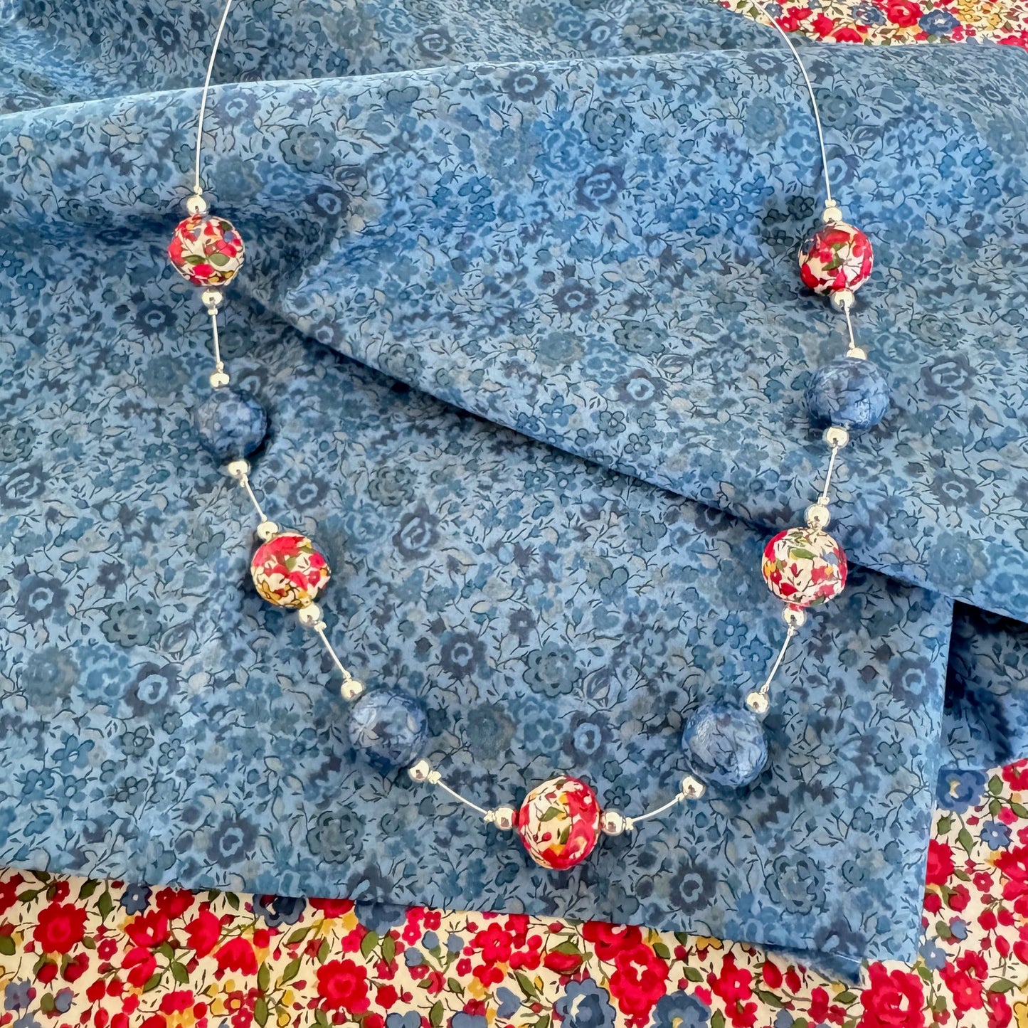 Denim blue and red floral necklace made with Liberty floral fabric silver jewellery gift
