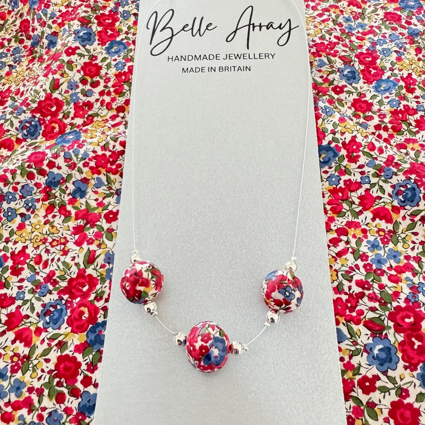 Necklace handmade with red liberty fabric emma georgina silver fabric jewellery fashion gift