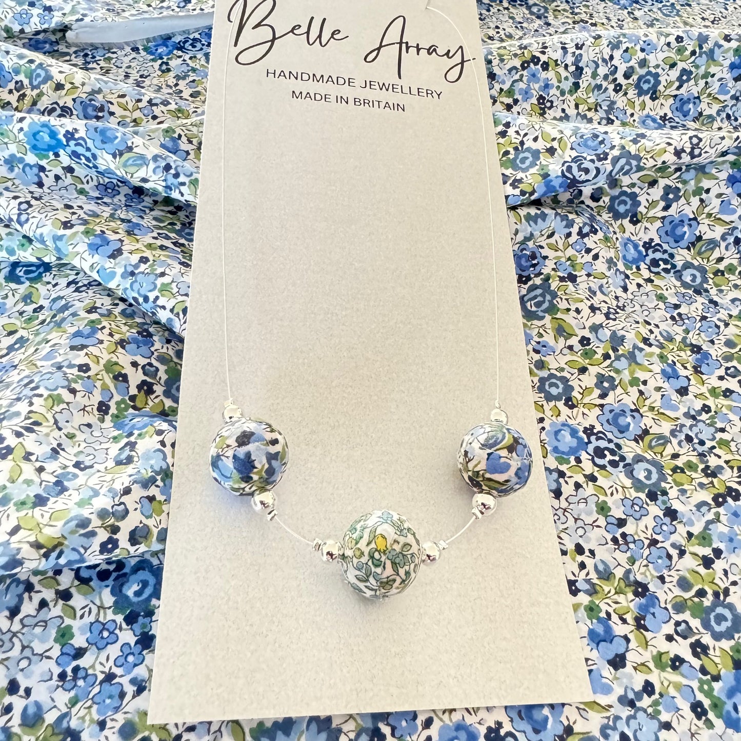 Green blue white necklace handcrafted designer jewellery made with Liberty floral fabric silver gifts