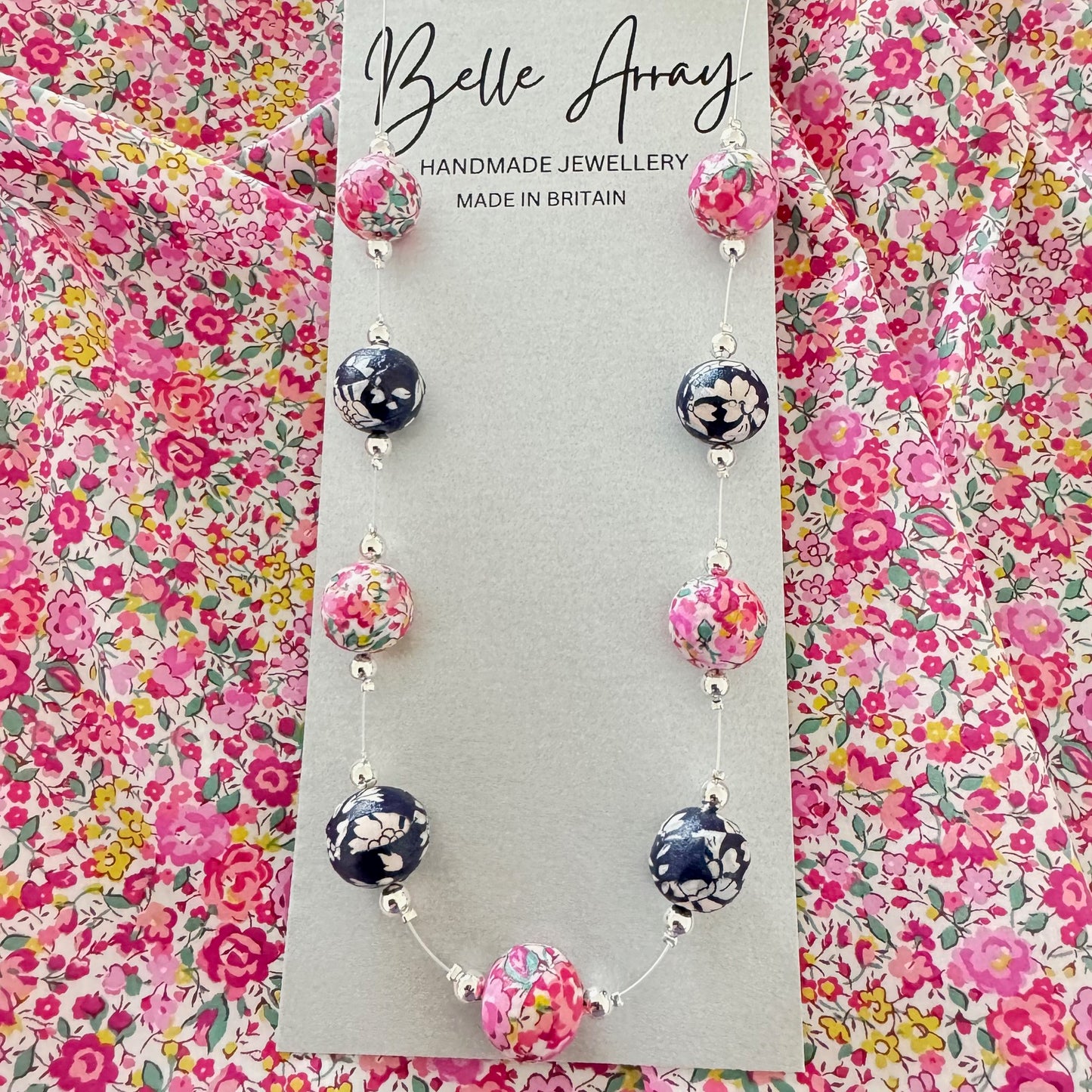 Pink Emma and Georgina with Capel navy Liberty fabric long necklace beaded luxury designer jewellery