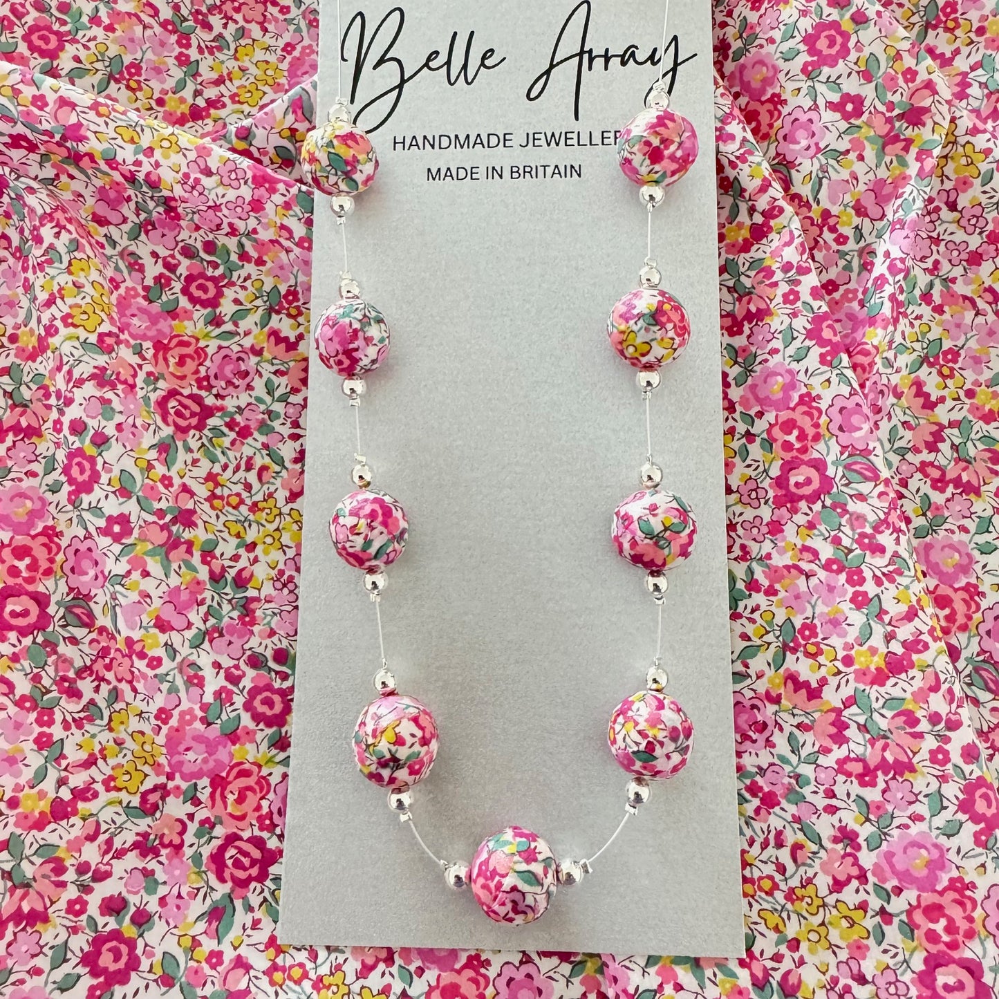 Pink yellow green white floral designer long necklace made with Emma and Georgina Liberty fabric