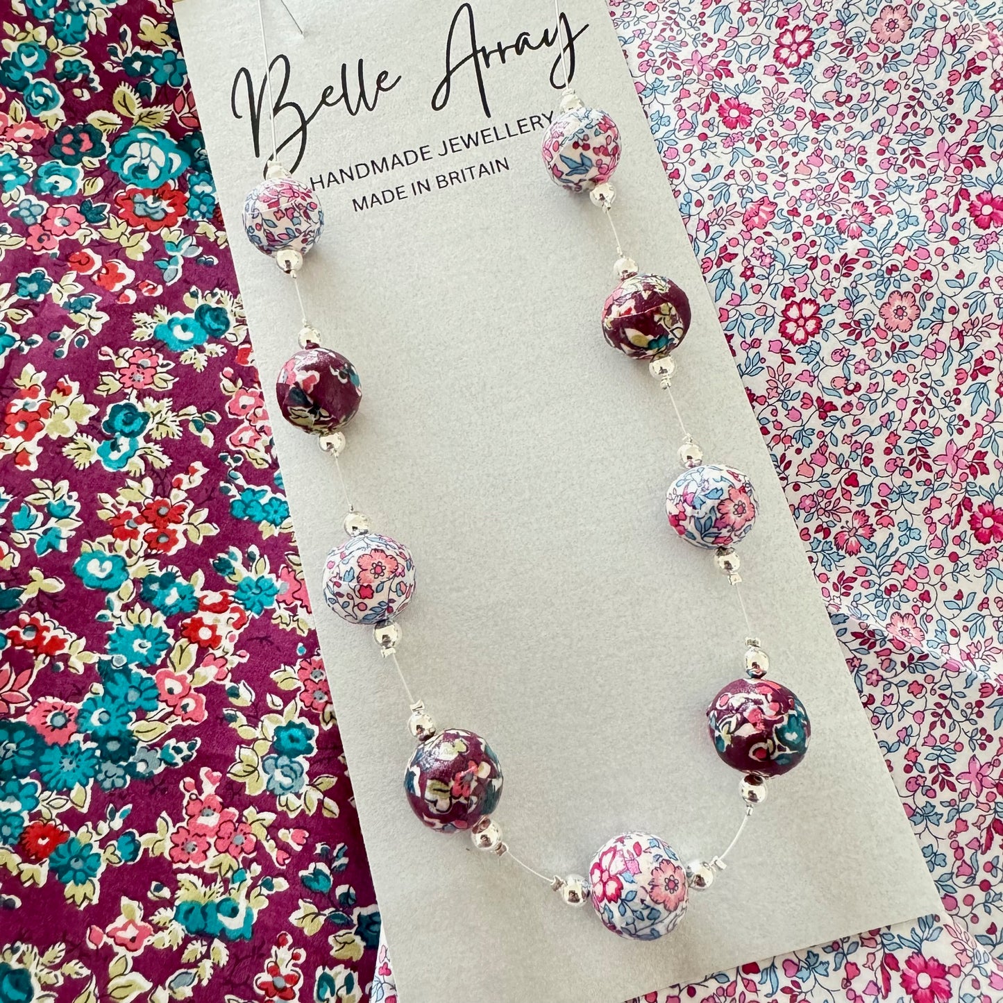 Burgundy teal pink necklace long made from Liberty floral fabric jewellery gift
