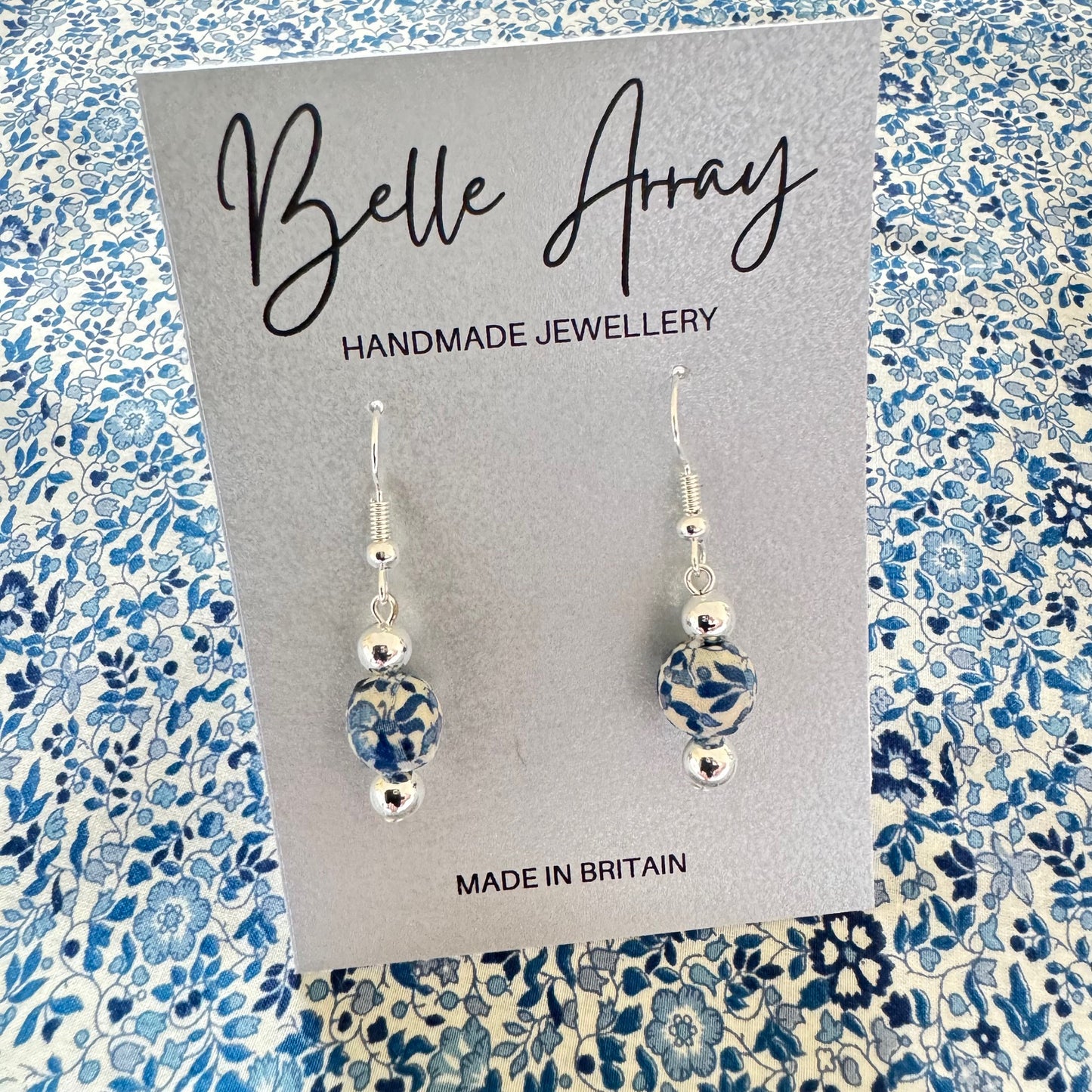 Blue and white ditsy floral earrings handcrafted with Liberty fabric silver jewellery gift