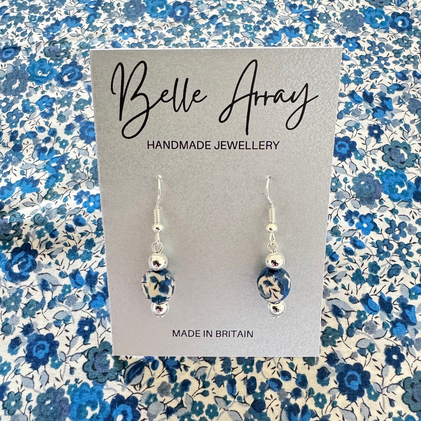 Dark blue and silver earrings made from Liberty Emma and Georgina blue fabric jewellery gift