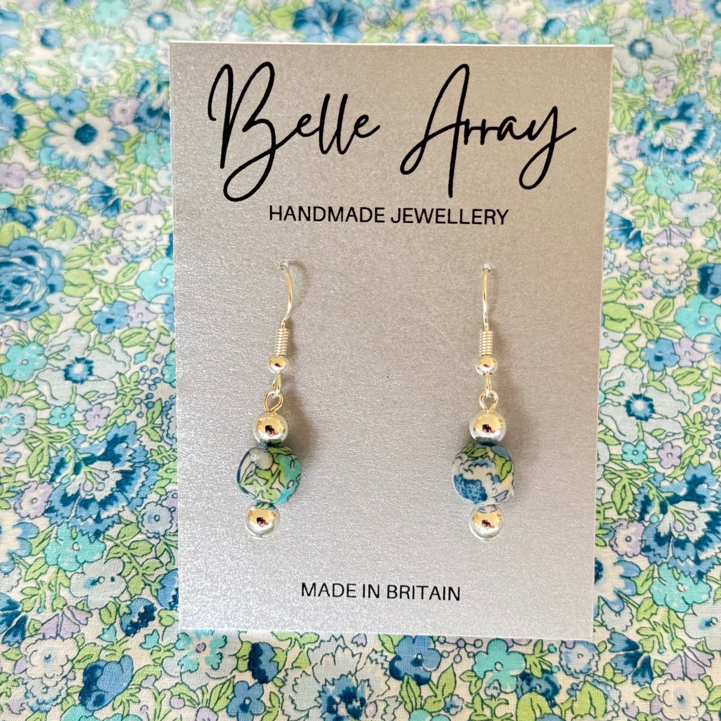 Mint turquoise blue lilac floral earrings handcrafted with Liberty fabric silver jewellery gift