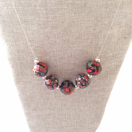 Handmade fabric and silver bead necklace Liberty Pepper vintage fabric red floral jewellery