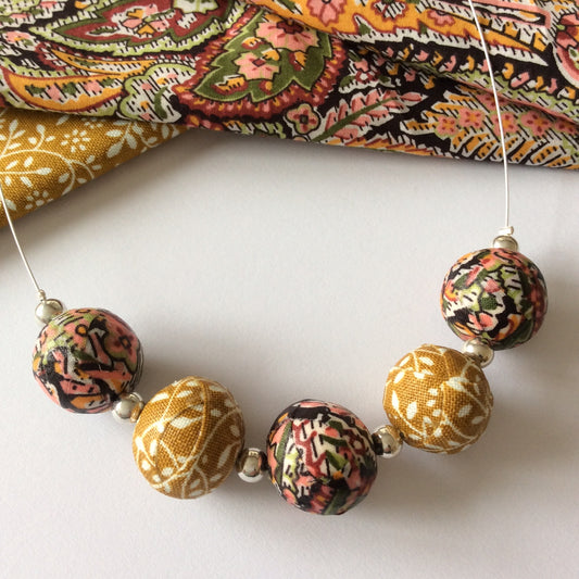 Handmade paisley beaded necklace burgundy mustard green multicoloured jewellery
