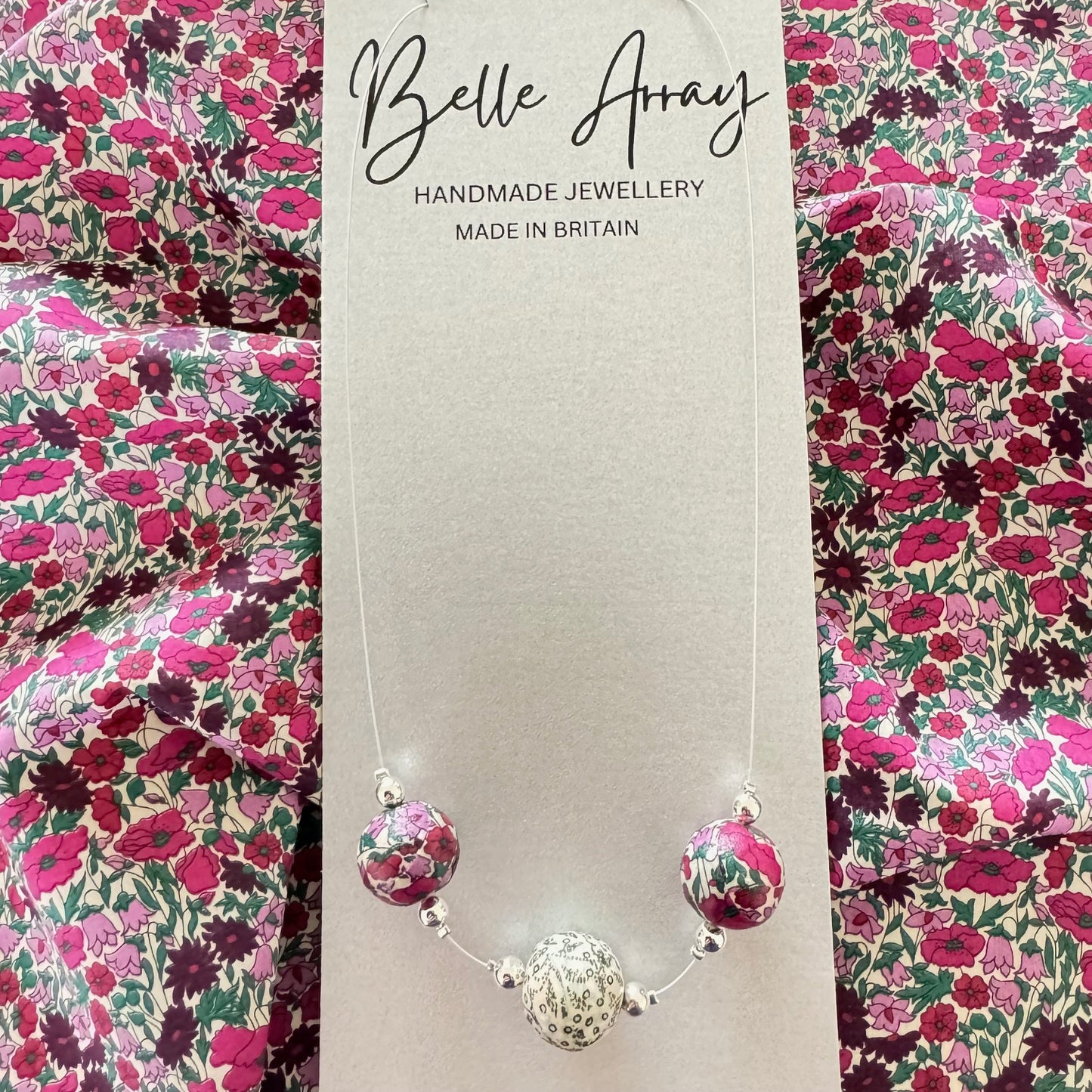 Maroon cerise green lilac necklace made from Liberty fabric jewellery gift