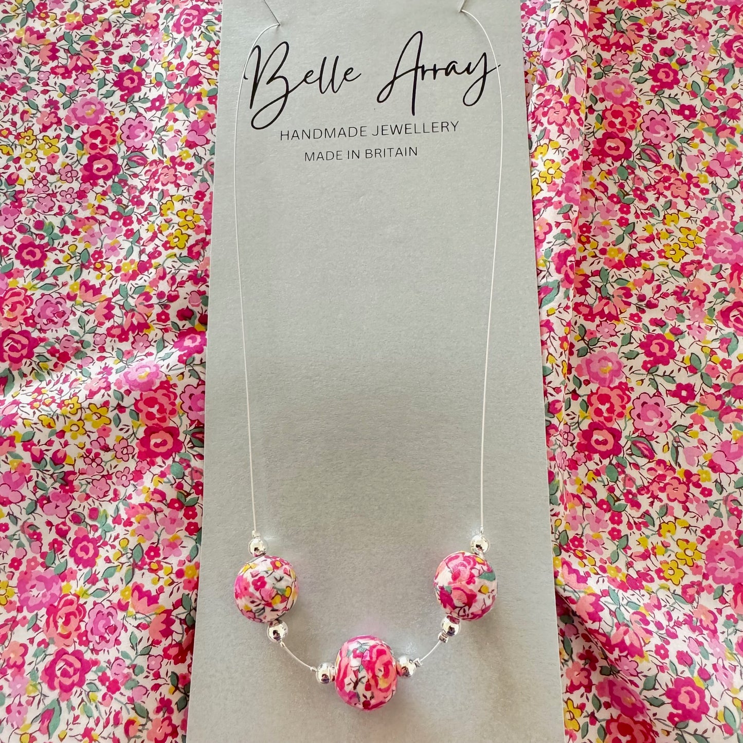 Necklace handmade with liberty floral fabric emma and georgina pink jewellery gift