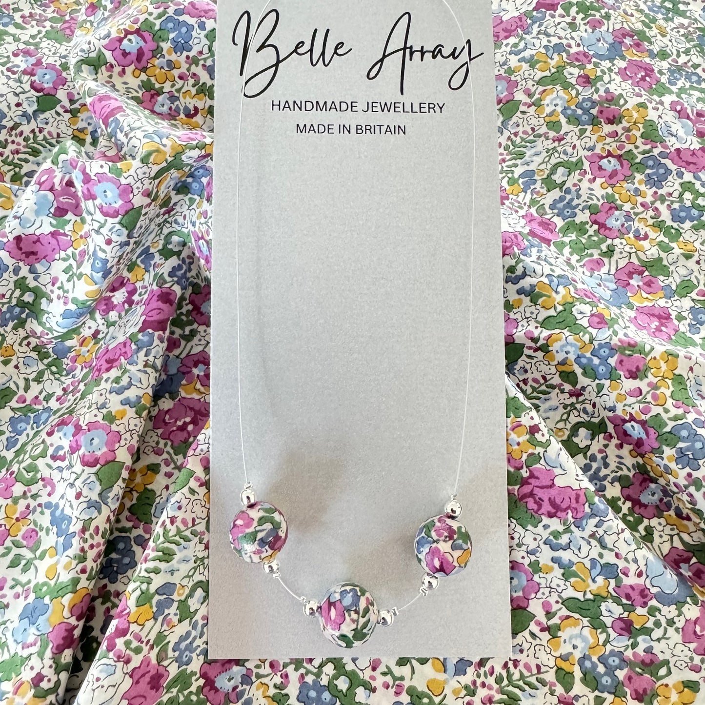 Necklace made from liberty claude aude purple green floral fabric jewellery gift