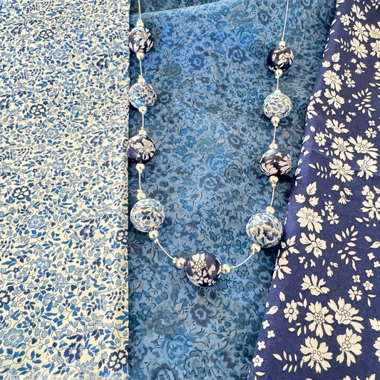 Blue and white ditsy floral necklace long handcrafted with Liberty fabric silver jewellery gifts