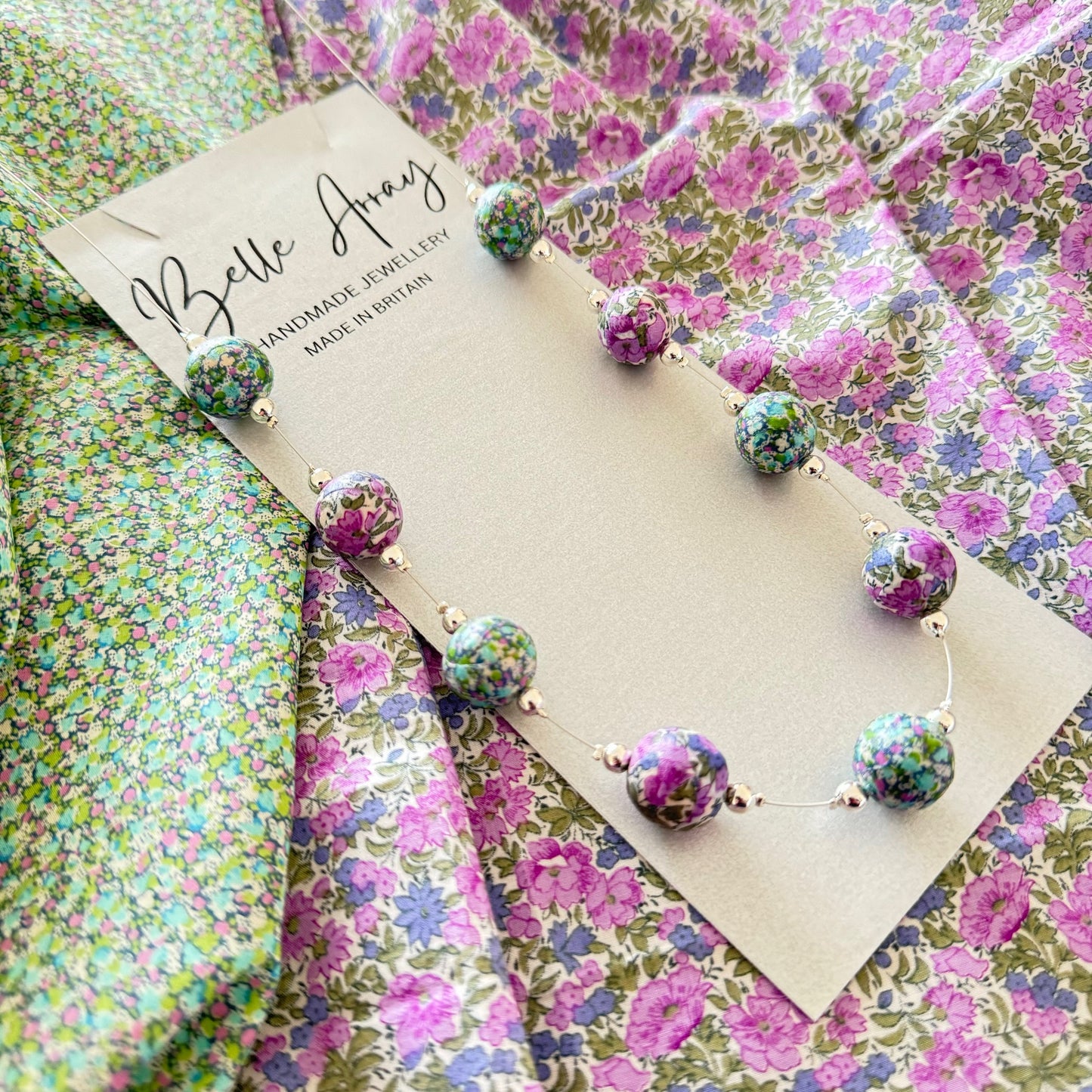 Purple mint green silver handcrafted from Liberty floral fabric long necklace jewellery gift