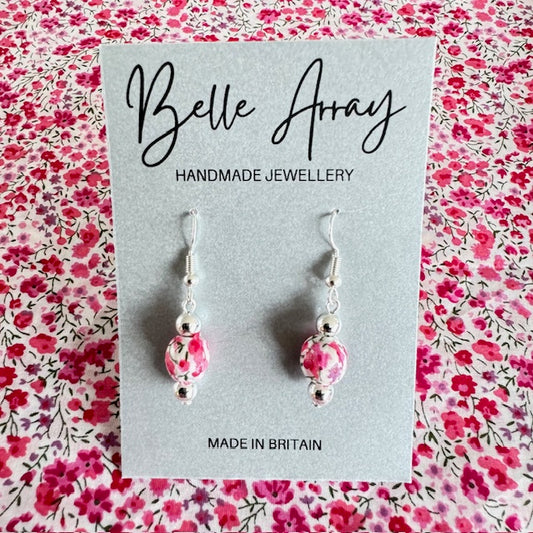 Pink floral earrings made from Liberty Phoebe fabric silver jewellery fashion gift