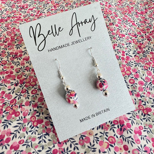 Pink dangly floral earrings made from Liberty fabric Wiltshire Bud silver jewellery luxury gift