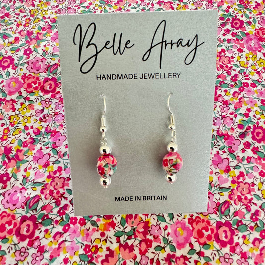 Pink yellow green and white earrings made with Liberty fabric dangly silver plated earrings jewellery