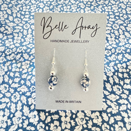Feather Meadow ditsy floral blue white earrings handcrafted from Liberty fabric silver luxury fashion jewellery gift