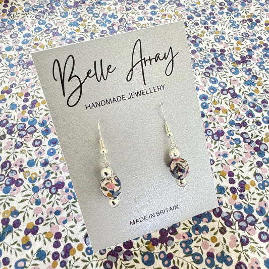 Blue purple floral earrings made from Liberty fabric Wiltshire Bud silver jewellery luxury gift