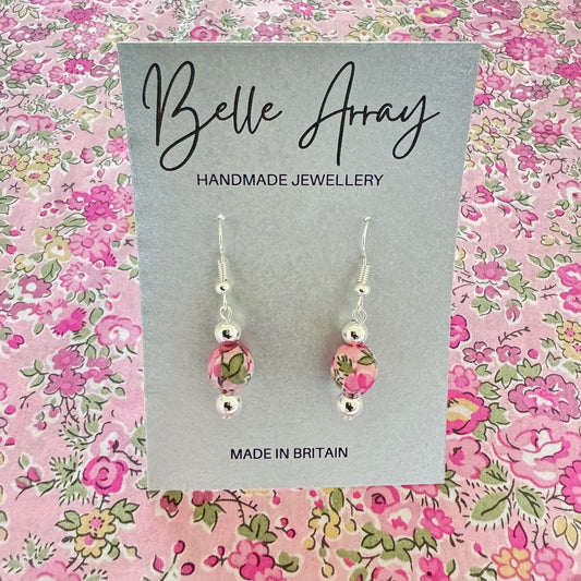 Pink and green floral earrings made with Liberty fabric silver dangly earring jewellery