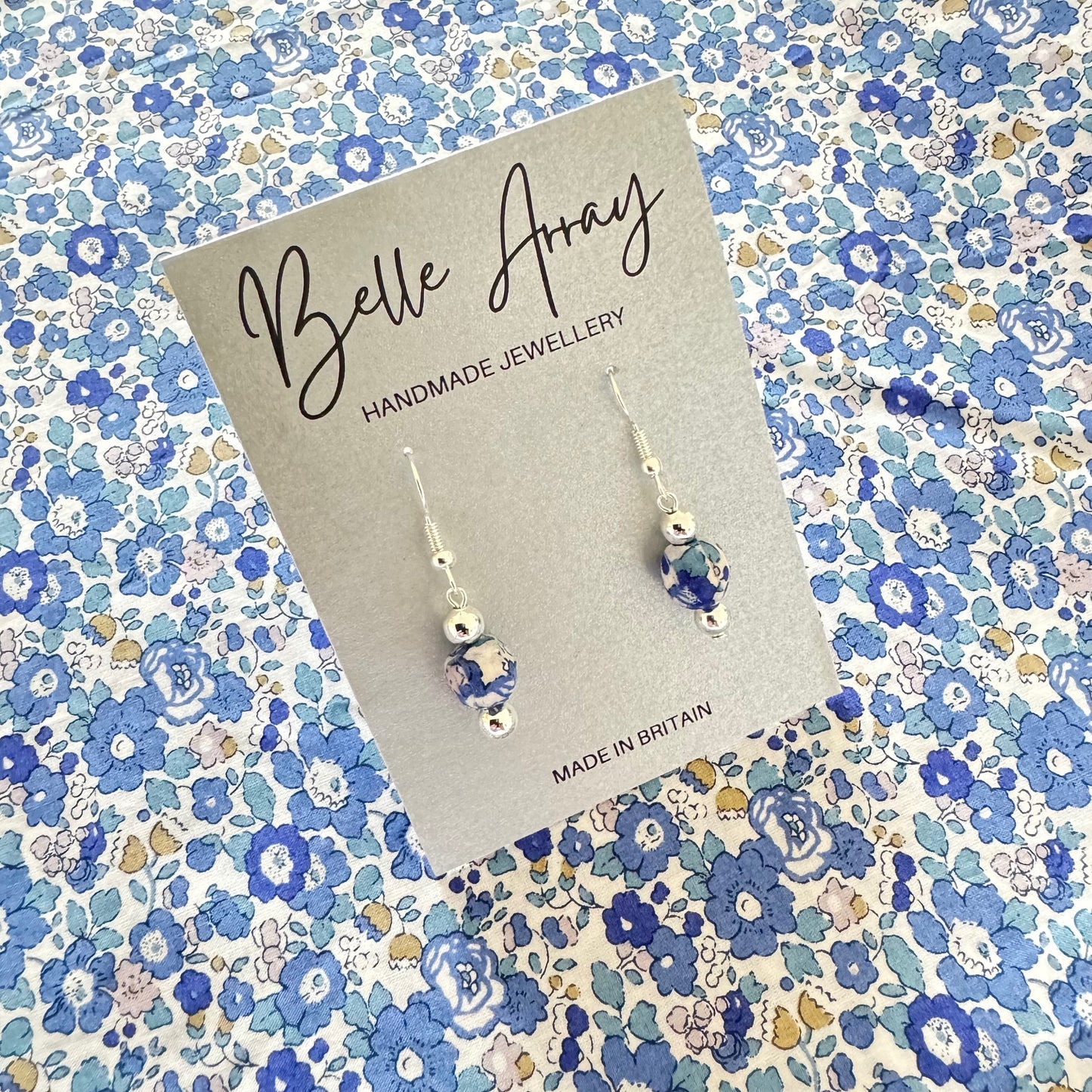 Blue earrings made from Betsy Liberty fabric vintage style short dangly floral earrings