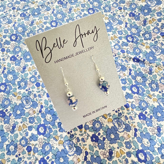 Blue earrings made from Betsy Liberty fabric vintage style short dangly floral earrings