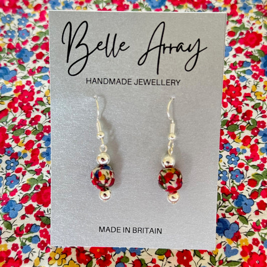 Denim blue and red floral earrings made with Liberty floral fabric silver dangly drop earrings jewellery
