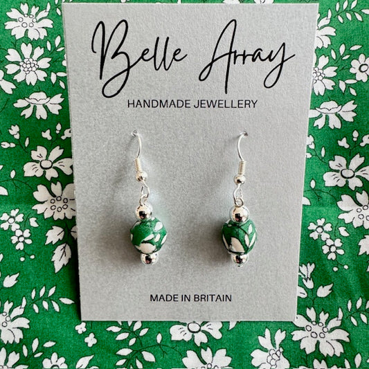 Emerald Green dangly earrings made with Liberty fabric silver plated jewellery